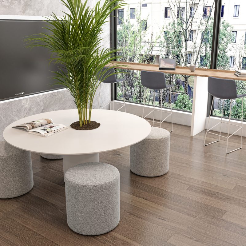Drum Base table with Ottomans and Rand Stools