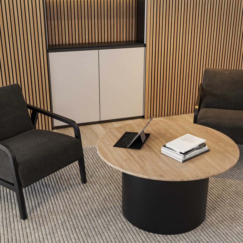 Slattered Acoustic Panels, Elma, Drum Coffee Table